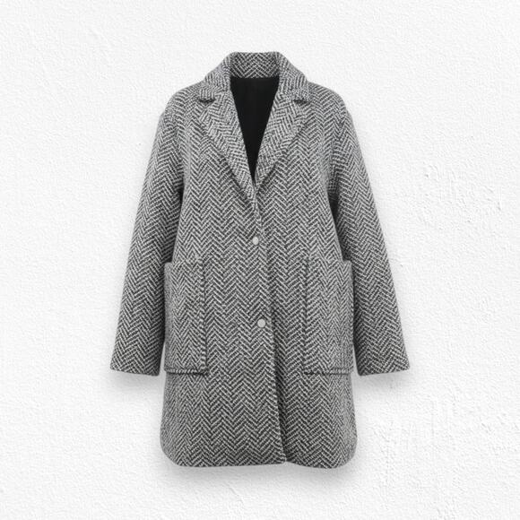 Topshop Black White Herringbone Boucle Tweed Coat Oversized Wool Blend Size 10
